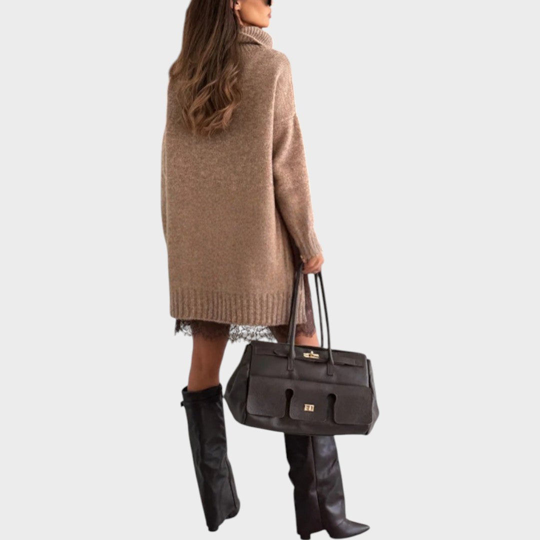 Turtleneck Oversized Knit Sweater Lace Trim Slip Dress Set 9