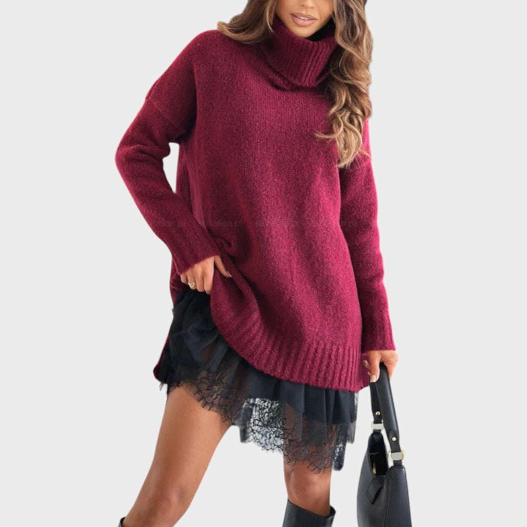 Turtleneck Oversized Knit Sweater Lace Trim Slip Dress Set 10
