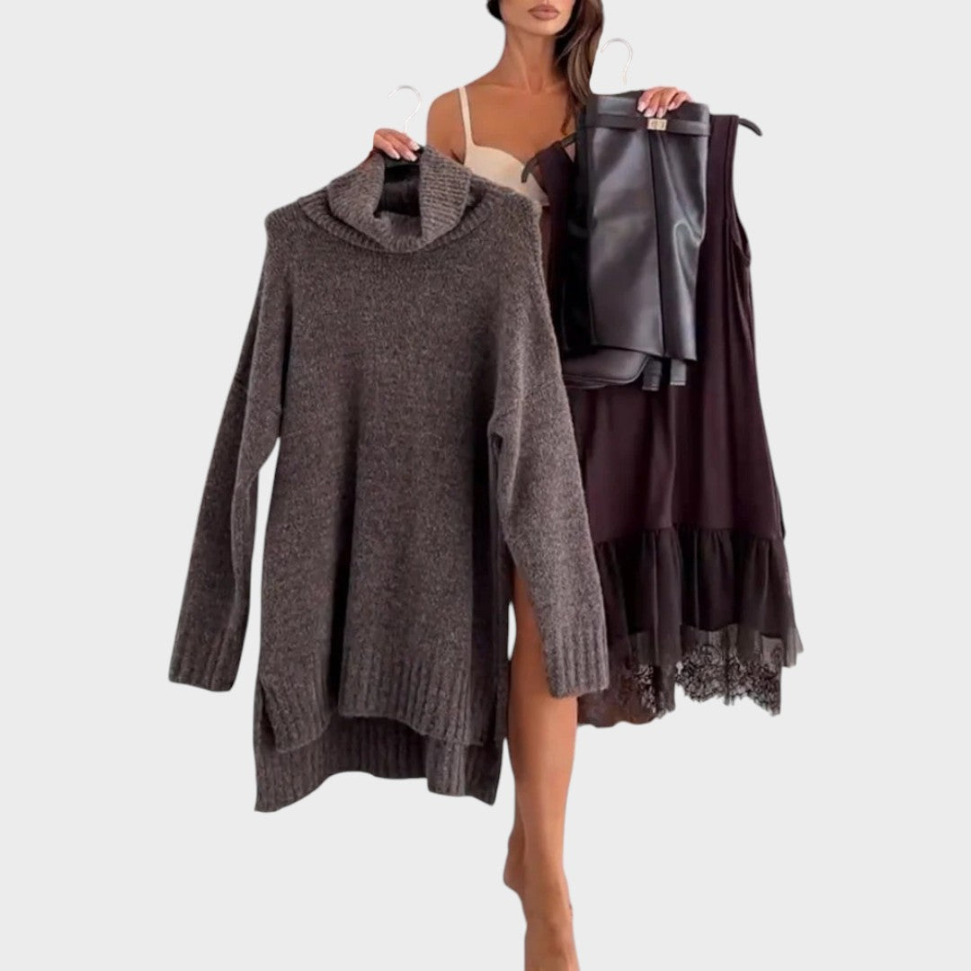 Turtleneck Oversized Knit Sweater Lace Trim Slip Dress Set 7