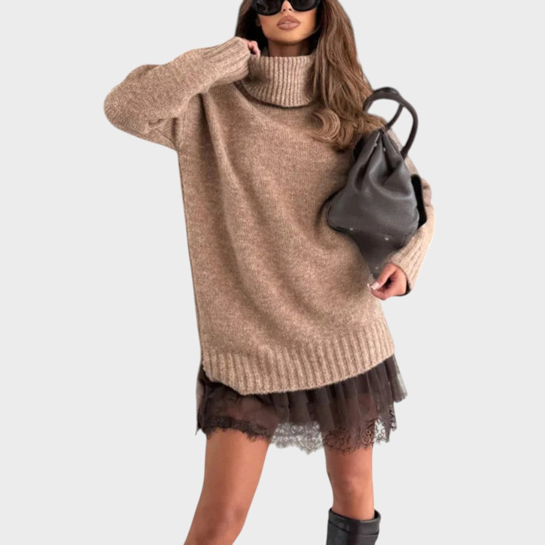 Turtleneck Oversized Knit Sweater Lace Trim Slip Dress Set 8