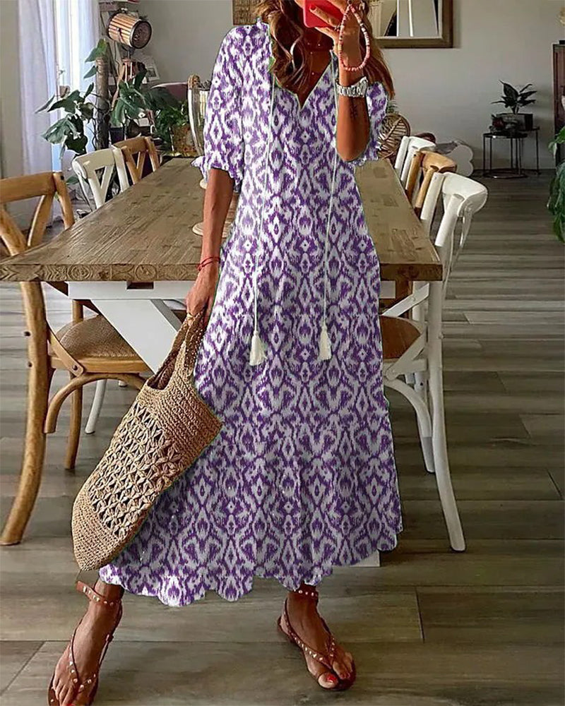Ursula Statement Printed Long Dress with V Neck and Half Sleeves Evening Wear Edit