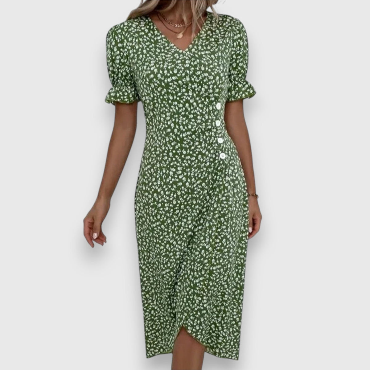 V-Neck Ditsy Floral Ruffle Sleeve Button Front Slit Midi Dress