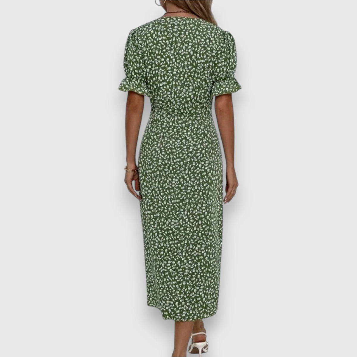 V-Neck Ditsy Floral Ruffle Sleeve Button Front Slit Midi Dress