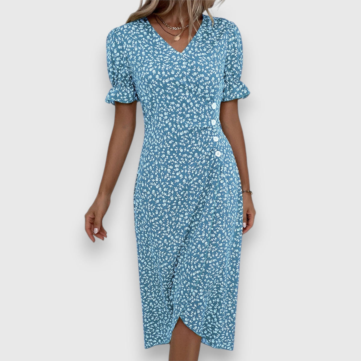 V-Neck Ditsy Floral Ruffle Sleeve Button Front Slit Midi Dress