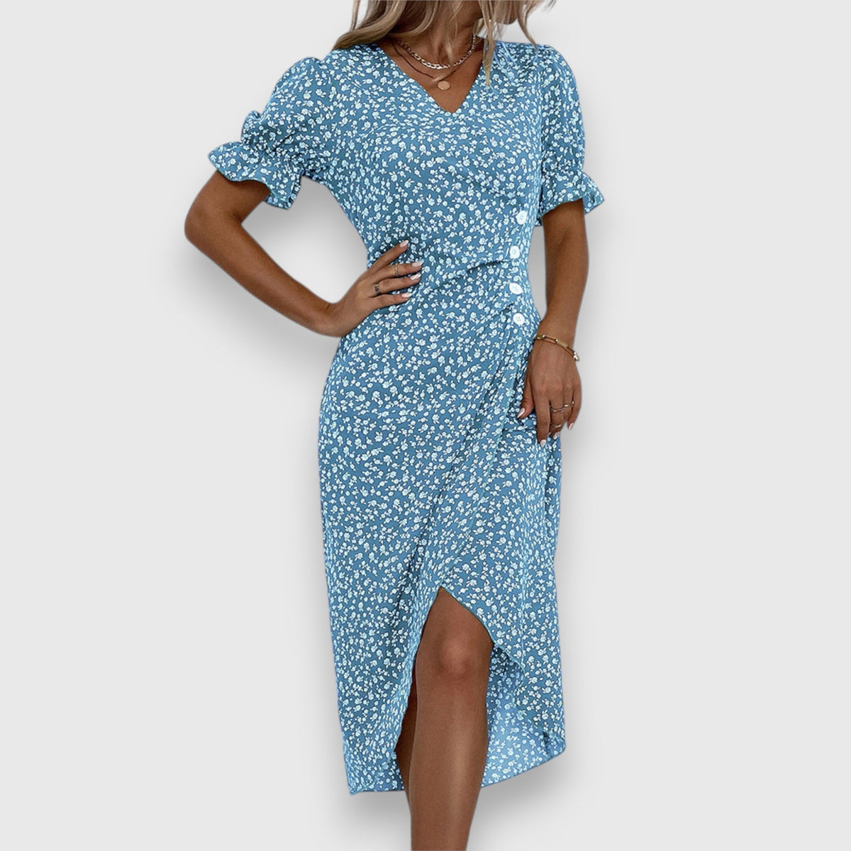 V-Neck Ditsy Floral Ruffle Sleeve Button Front Slit Midi Dress