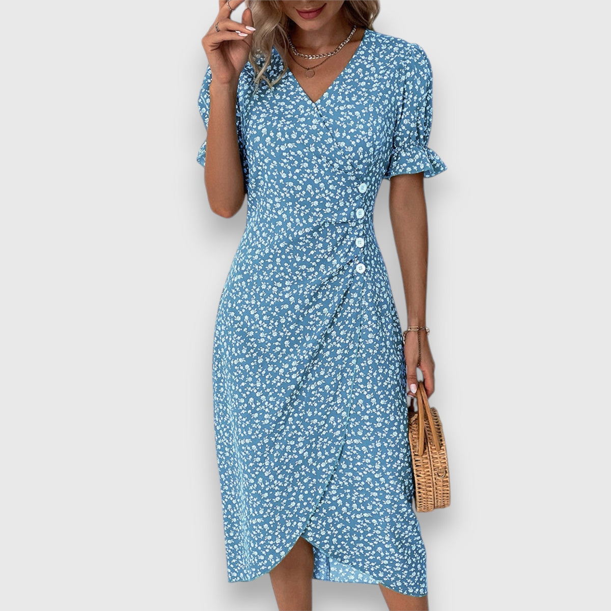 V-Neck Ditsy Floral Ruffle Sleeve Button Front Slit Midi Dress