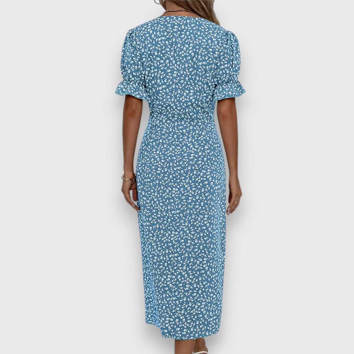 V-Neck Ditsy Floral Ruffle Sleeve Button Front Slit Midi Dress