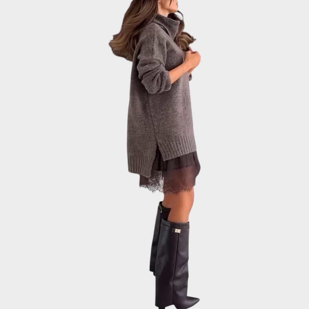 Turtleneck Oversized Knit Sweater Lace Trim Slip Dress Set 5