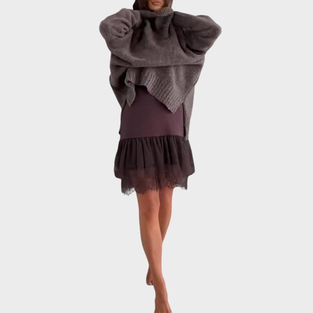 Turtleneck Oversized Knit Sweater Lace Trim Slip Dress Set 3