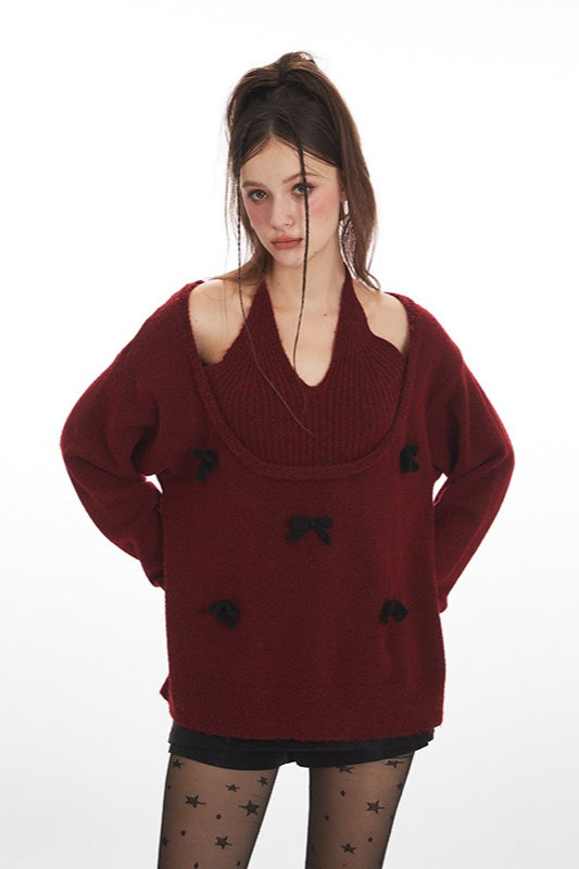 Bow Tie Halter UNeck Knit Top