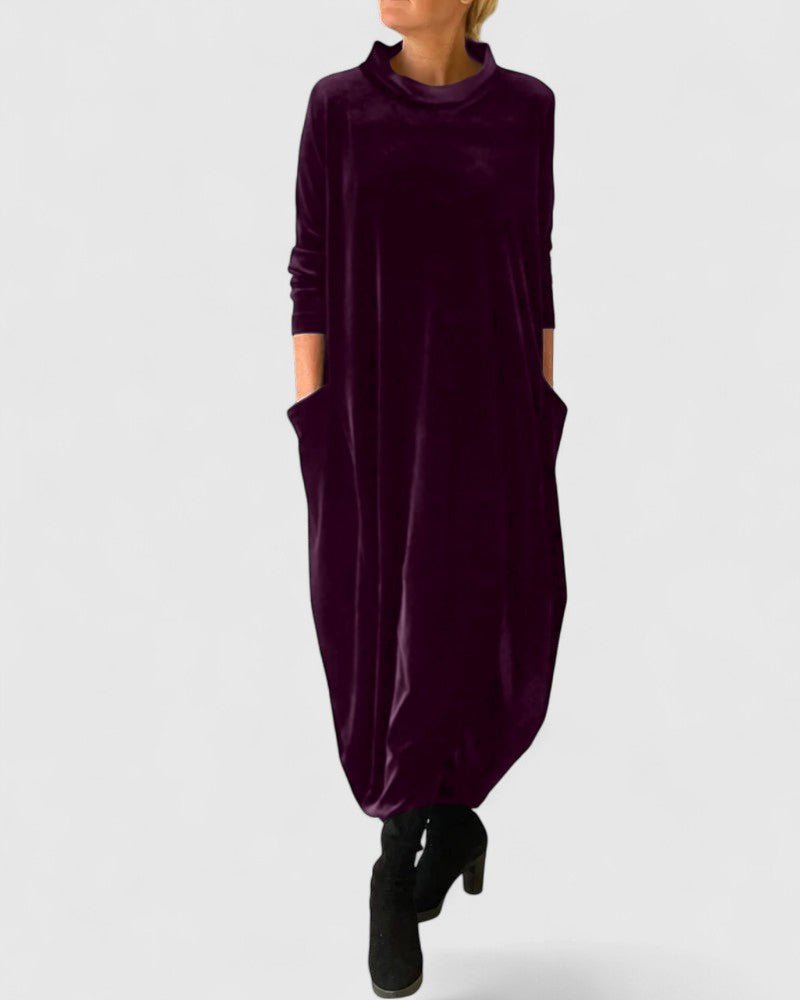 High Neck Velvet Long Sleeve Pocket Loose Cocoon Maxi Dress