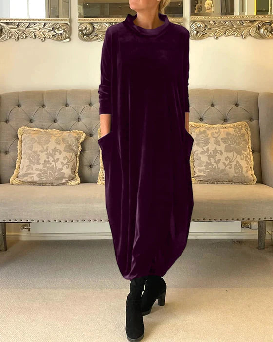 Mock Neck Velvet Pocket Long Sleeve Cocoon Maxi Dress 5