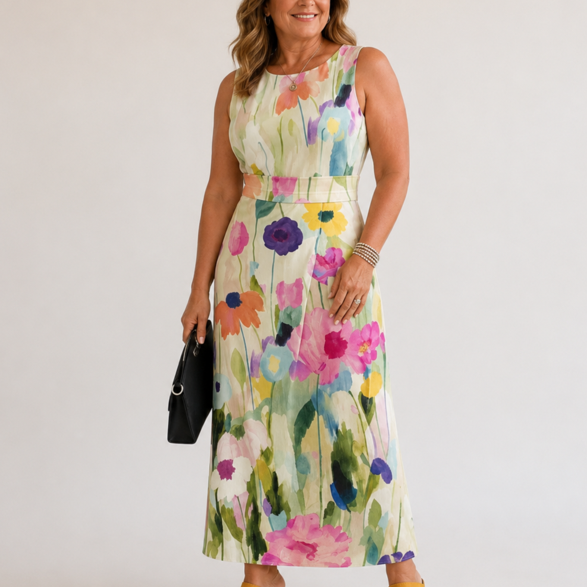 Watercolor Floral Boat Neck Watercolor Floral Sleeveless Belted Sheath Midi Dress 5