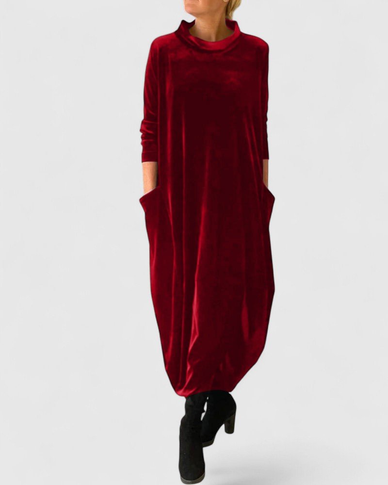 High Neck Velvet Long Sleeve Pocket Loose Cocoon Maxi Dress