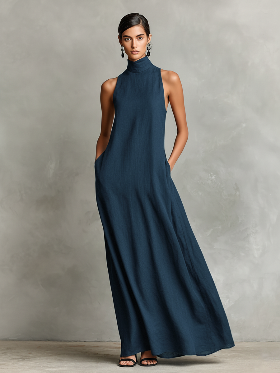 High Neck Sleeveless Pocket Loose Column Maxi Dress 7