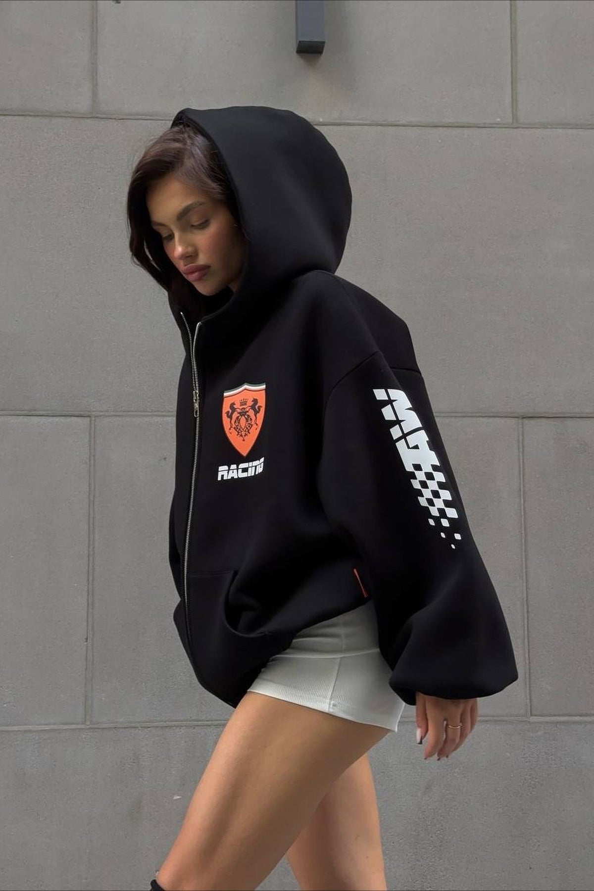 Oversized Zip-Up Logo Letter Print Hoodie