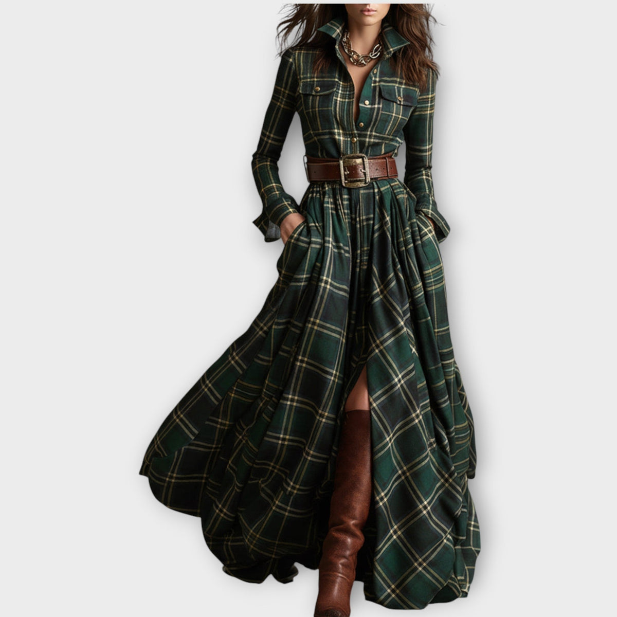 Collared Plaid Long Sleeve Belted Button-Front Flowing Maxi Shirt Dress