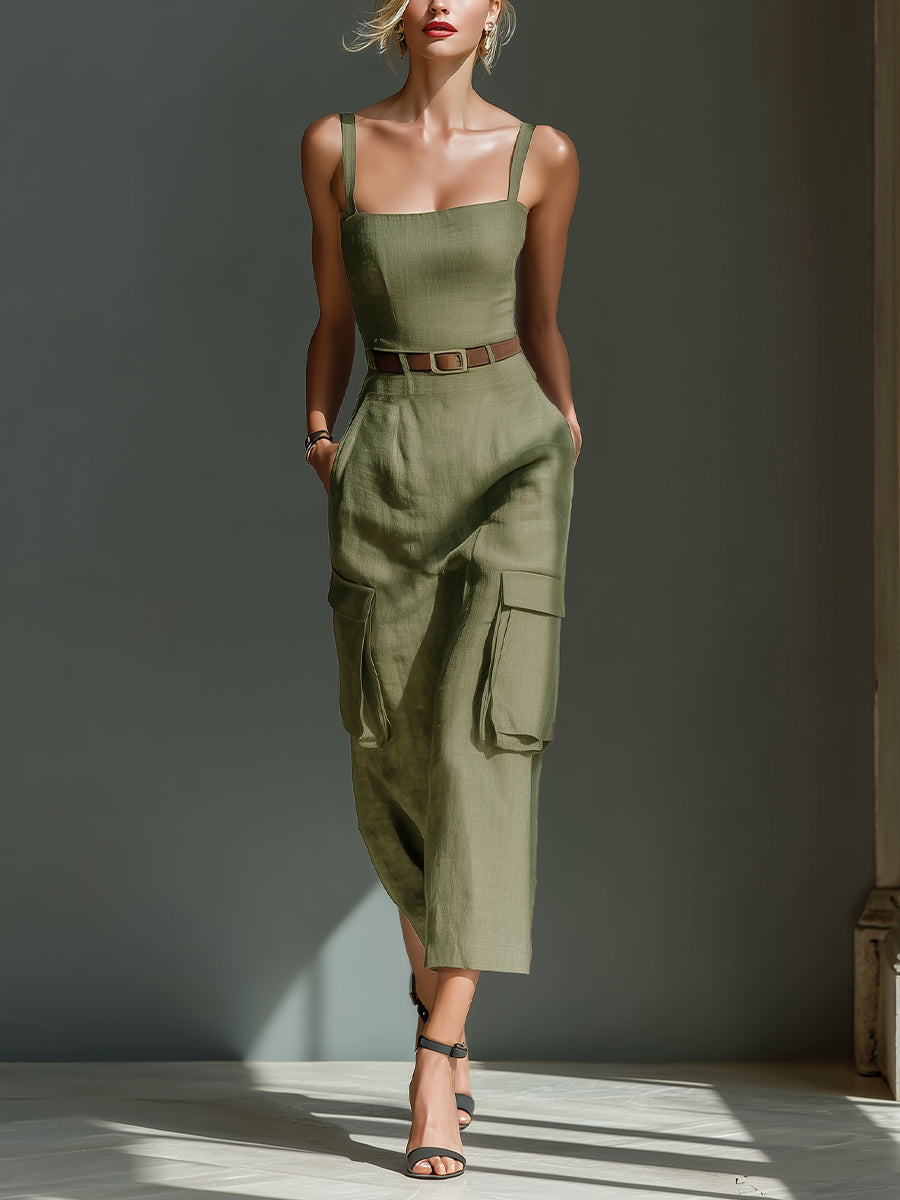 Olive Green Square Neck Belted Cargo Pocket Utility Sheath Midi Dress