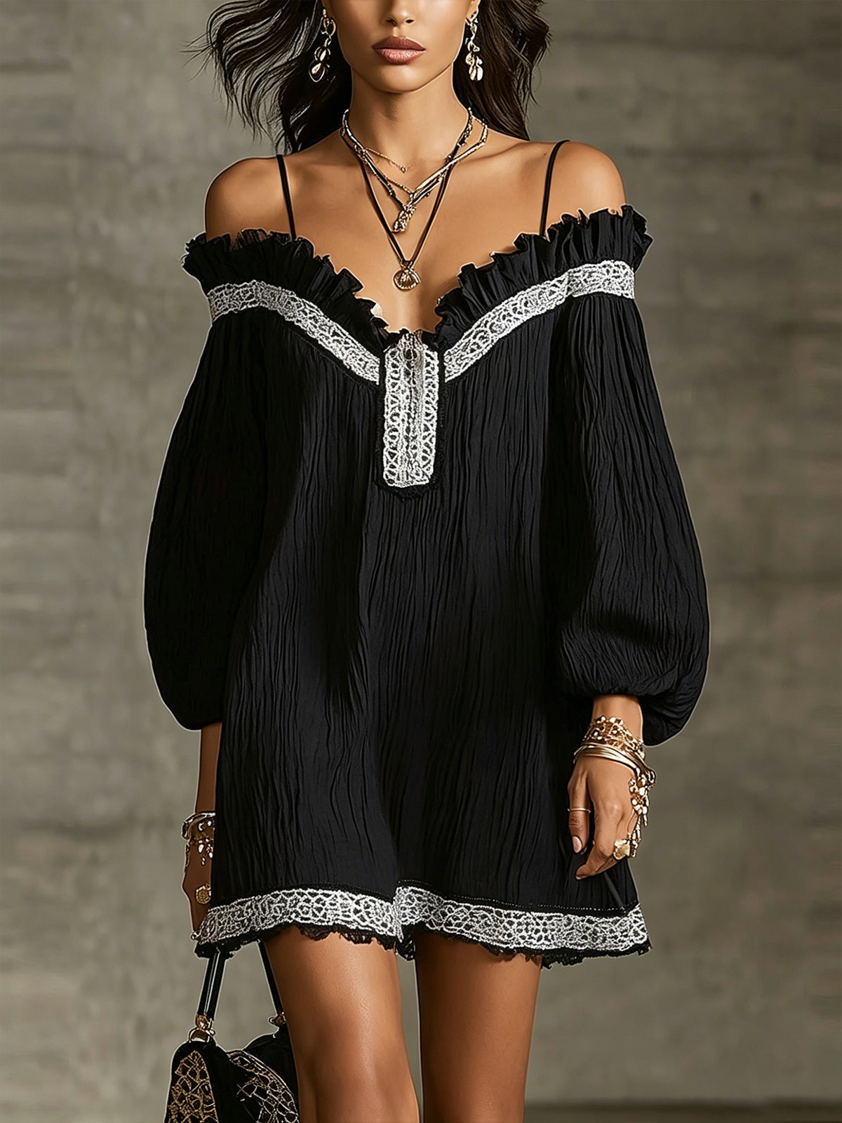 Black Off-Shoulder Mini Dress With Lace Trim And Lantern Sleeves