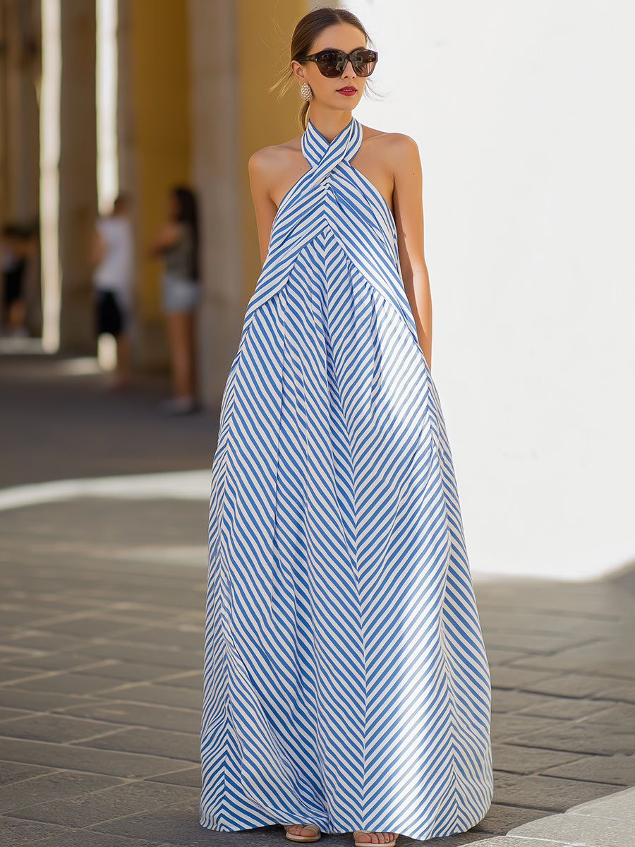 Cross Halter Neck Chevron Stripe Flowy A-Line Maxi Dress 2