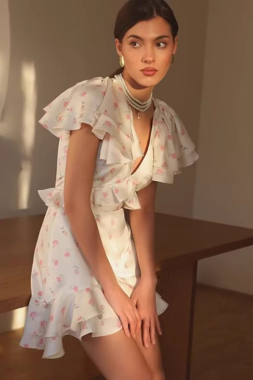 Ruffled V Neck Long Fitted Floral Dress