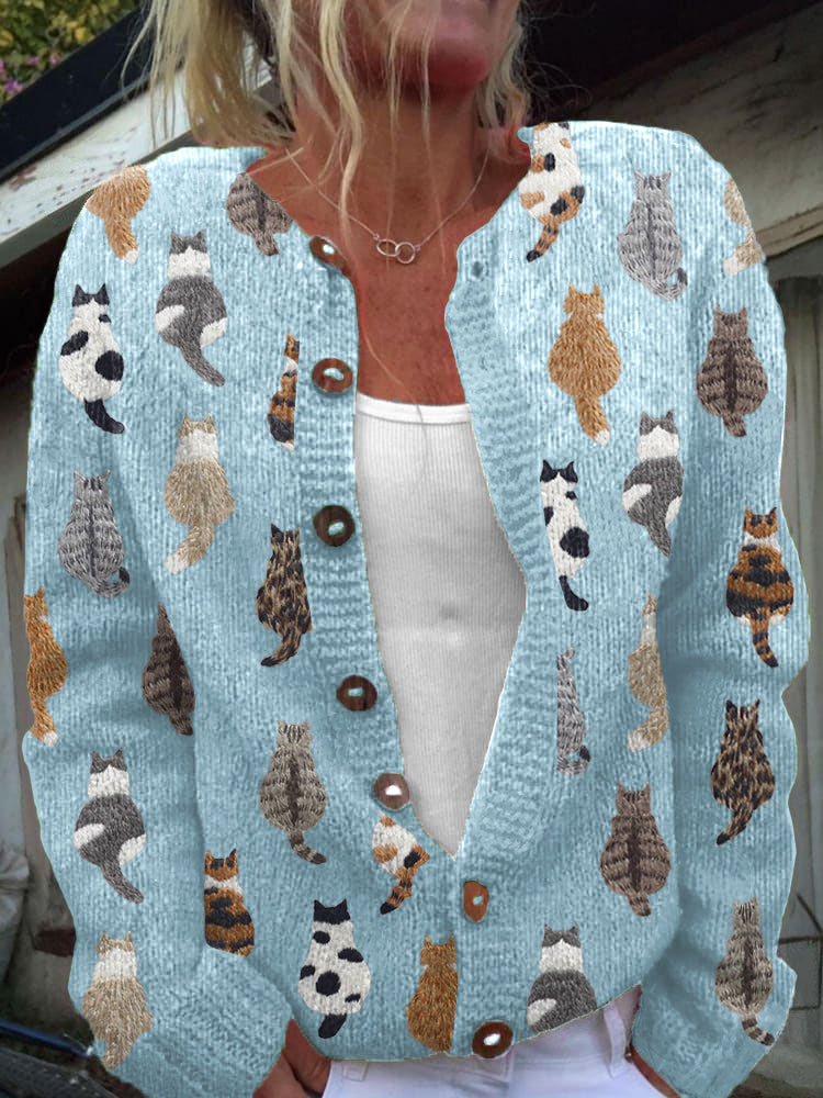 Round Neck Button Front Cat Print Knit Cardigan 3