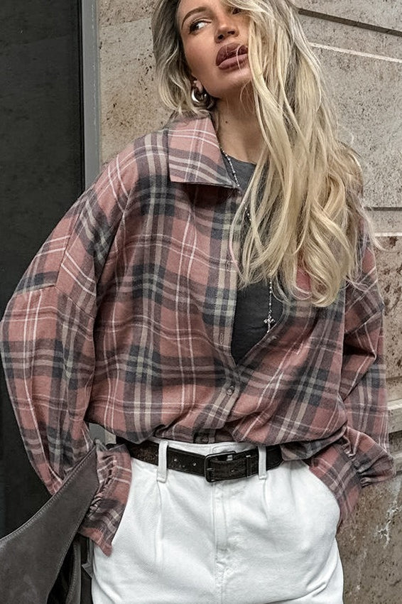 Plaid Loose Fit Cotton Blend Blouse