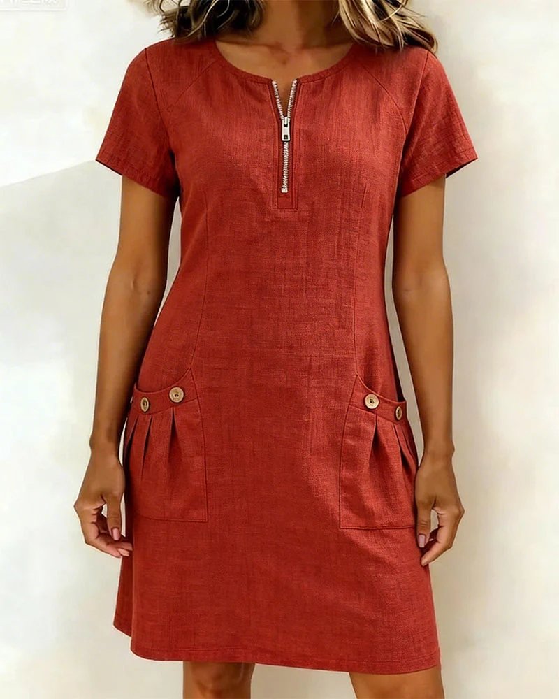 Round Neck Zip Front Short Sleeve Button Pocket A-Line Mini Dress