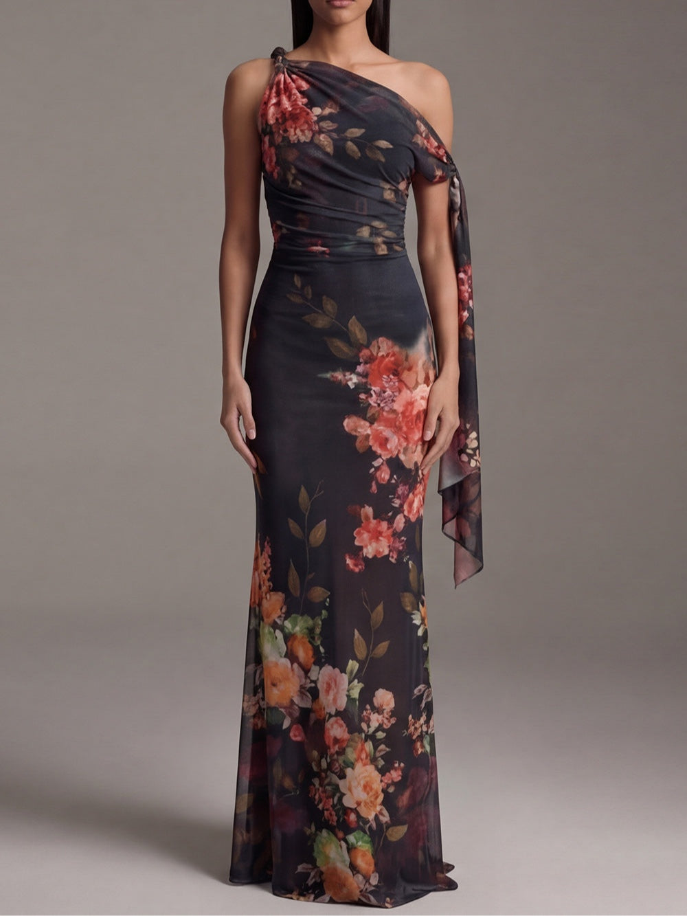 Black One-Shoulder Floral Draped Sash Ruched Mermaid Maxi Gown