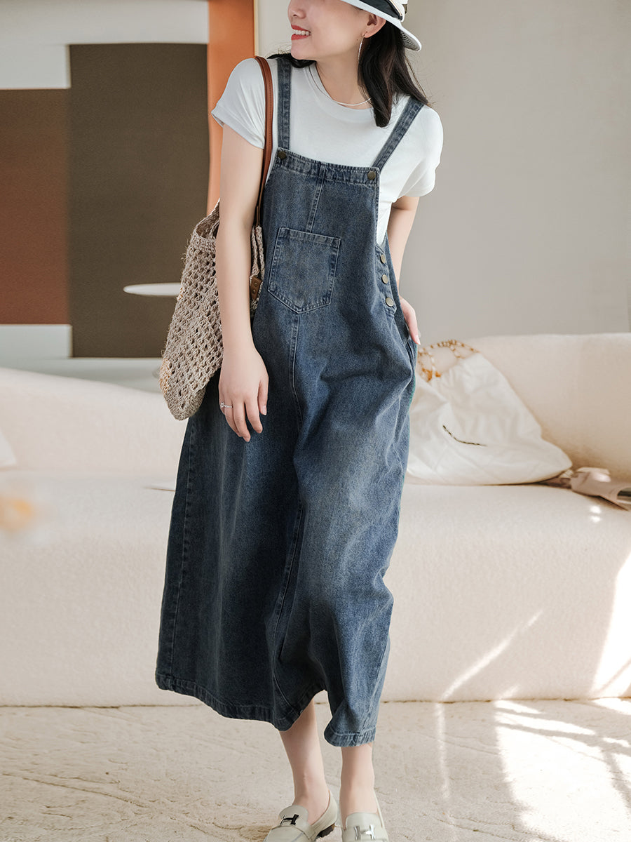 Summer Retro Washed Solid Spliced Denim Vest Dress