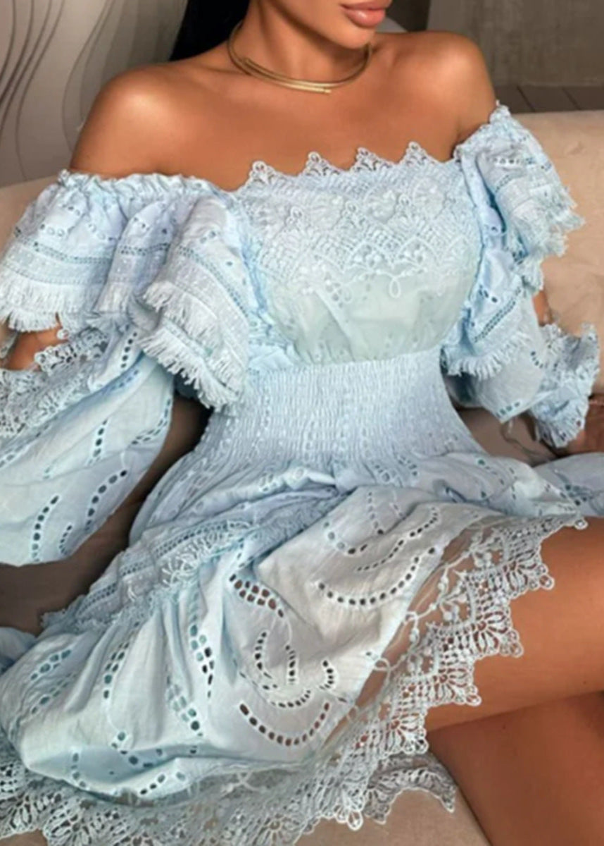 Seraphina Broderie Puff Sleeve Dress Blue Smocked A Line Mini