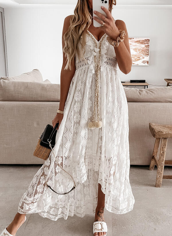 Spaghetti Strap V-Neck Floral Lace Tassel Tie Empire Maxi Dress