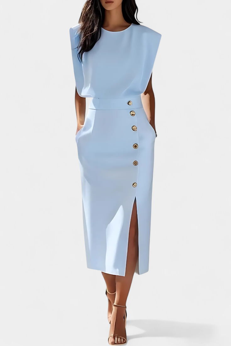 Round Neck Sleeveless Top Button Front Slit Midi Skirt Set 4
