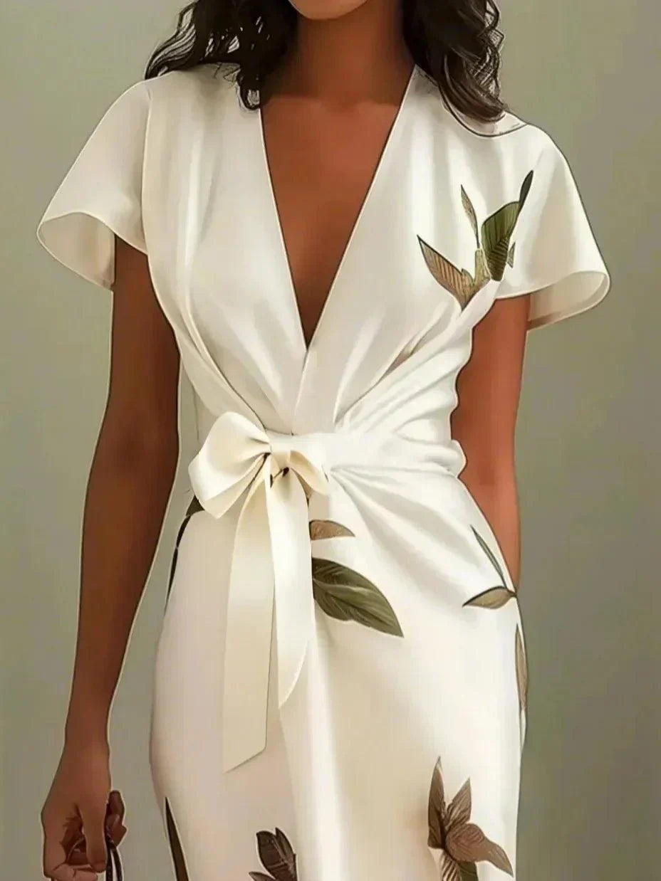 V-Neck Short Sleeve Leaf Print Tie Waist Wrap Midi Dress