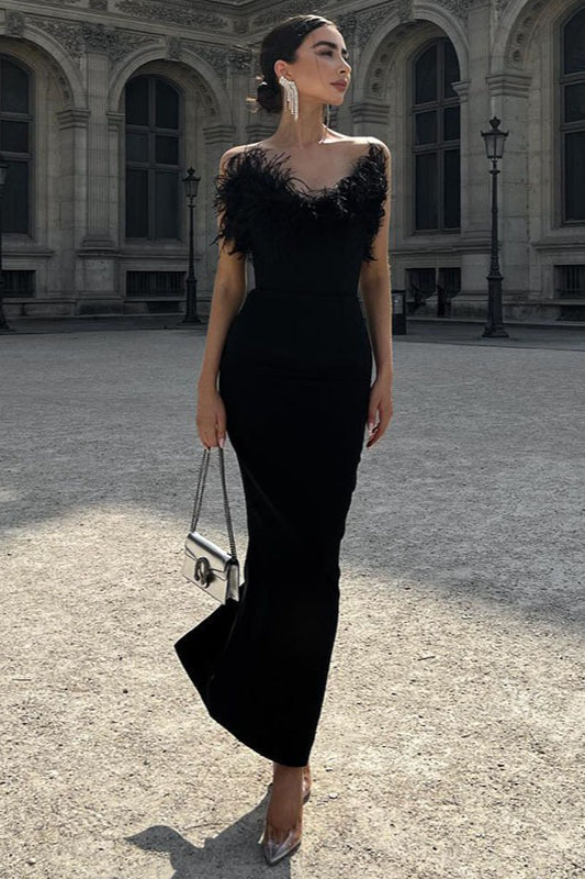 Ostrich Feather Deep V Bodycon Party Dress