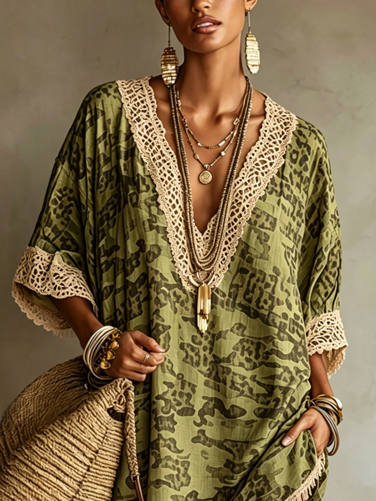 Green Camouflage Print V-Neck Mini Dress with Lace Splicing