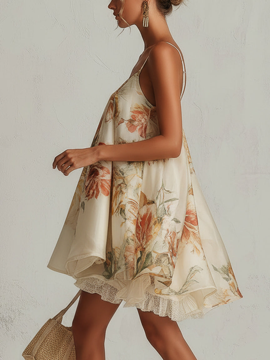 Beige Spaghetti Strap Floral Organza Lace Trim Ruffle Babydoll Mini Dress 2