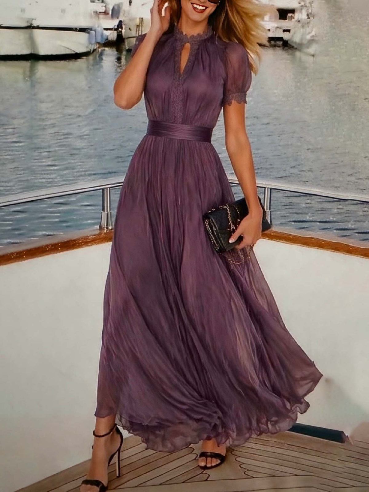 Purple High Neck Lace Trim Keyhole Puff Sleeve Chiffon Maxi Gown 4