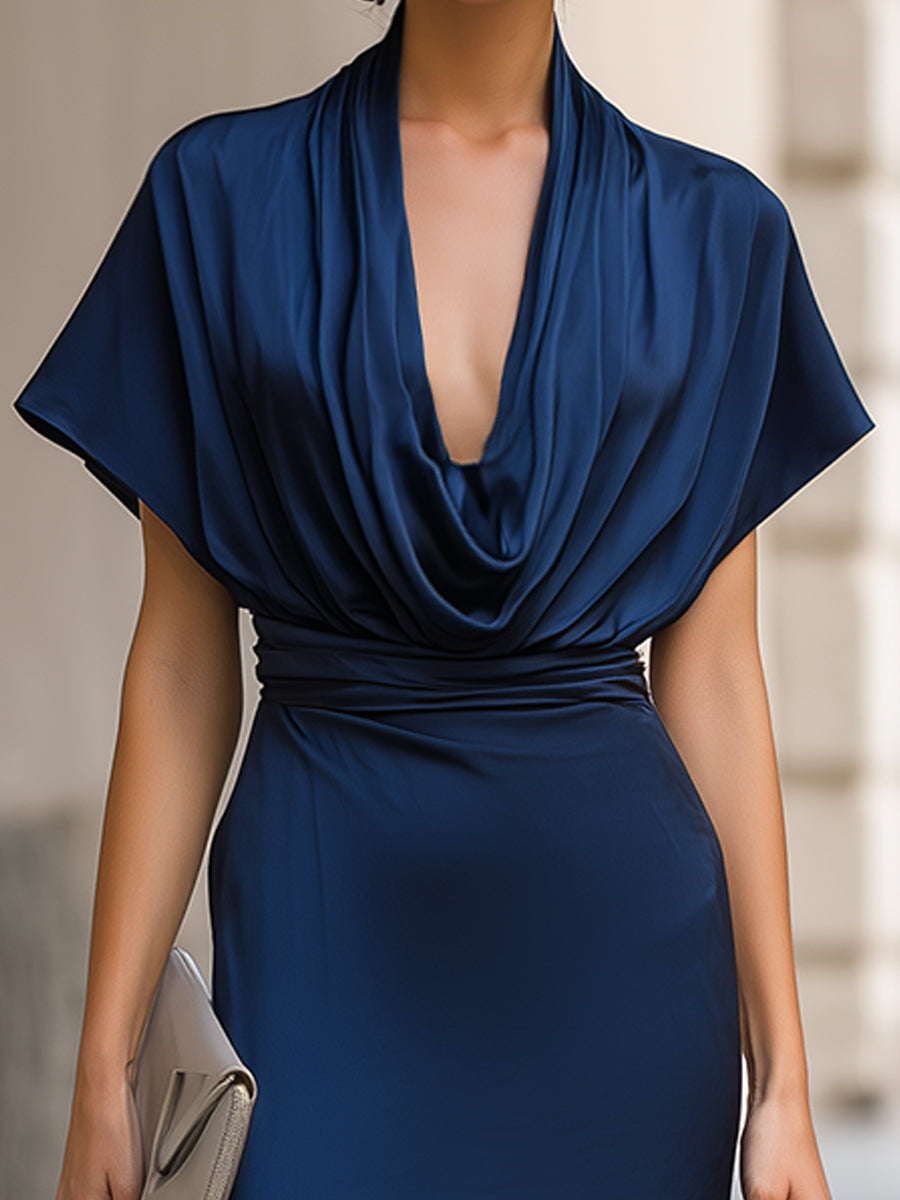 Navy Draped Cowl Neck Satin Midi Dress