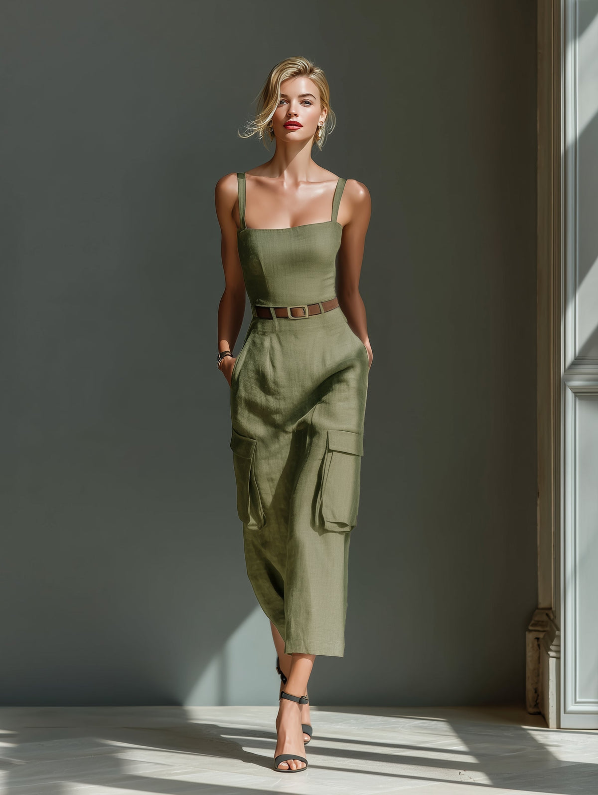 Olive Green Square Neck Belted Cargo Pocket Utility Sheath Midi Dress 2