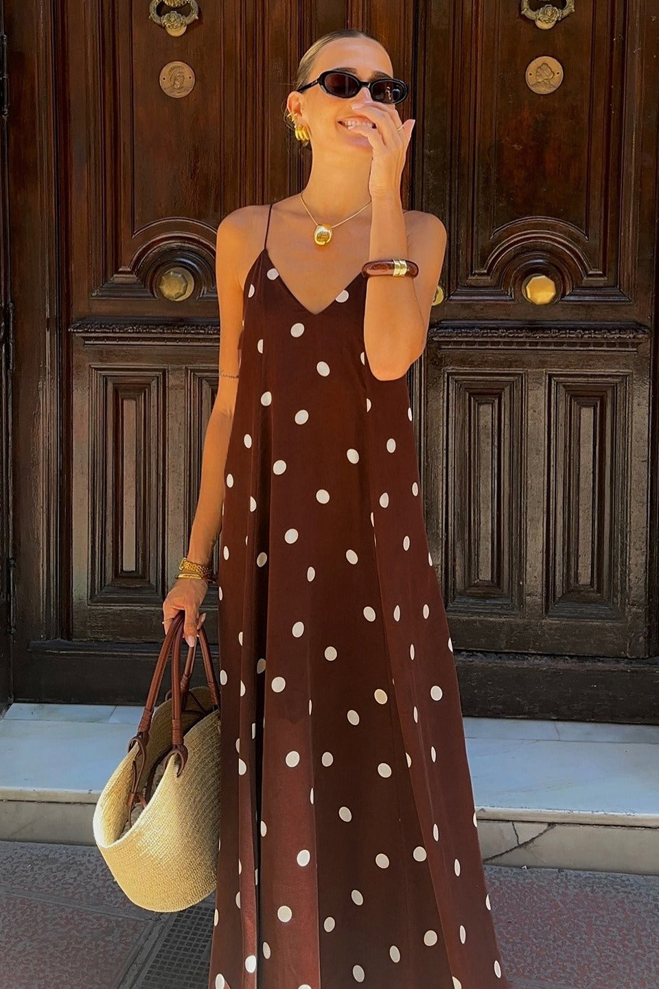 Polka Dot V Neck Open Back Loose Maxi Slip Dress