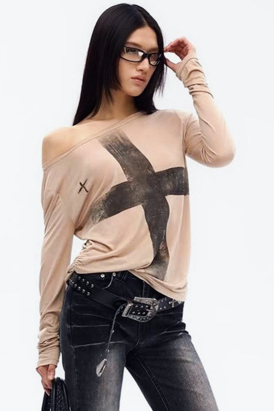 Cross Print Asymmetrical TShirt
