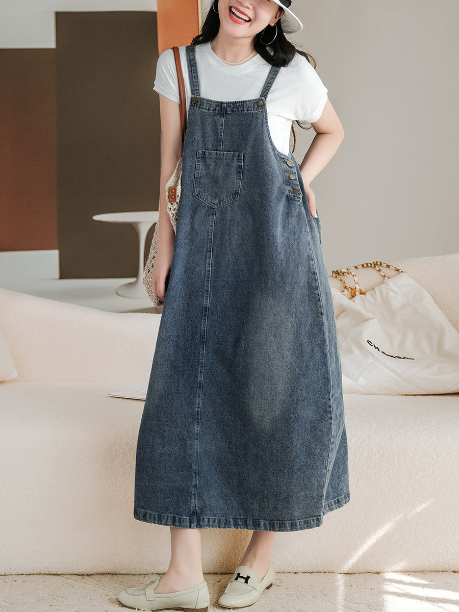 Summer Retro Washed Solid Spliced Denim Vest Dress