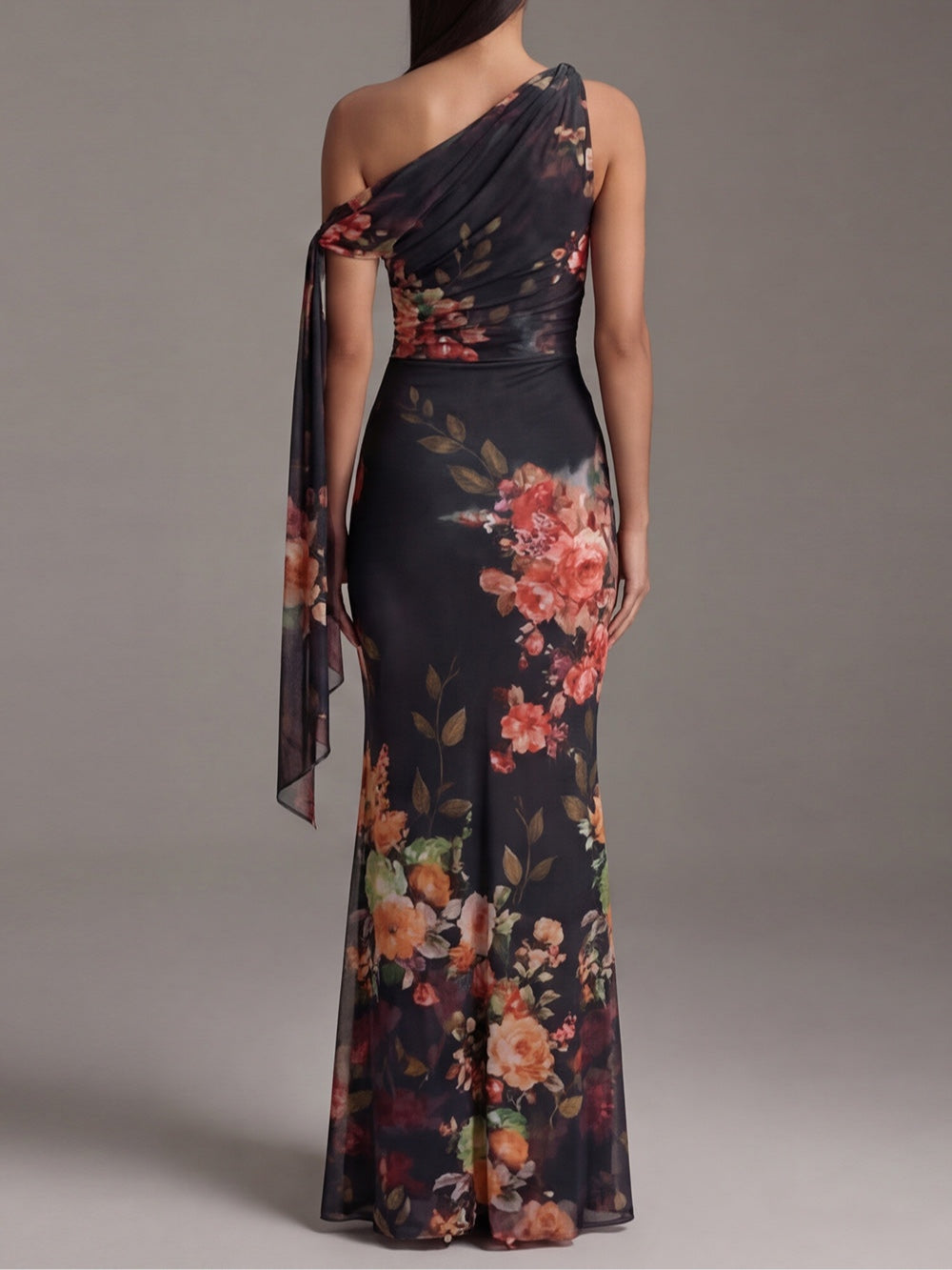 Black One-Shoulder Floral Print Ruched Draped Mermaid Maxi Gown 2