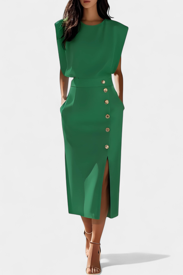 Round Neck Sleeveless Top Button Front Slit Midi Skirt Set 5