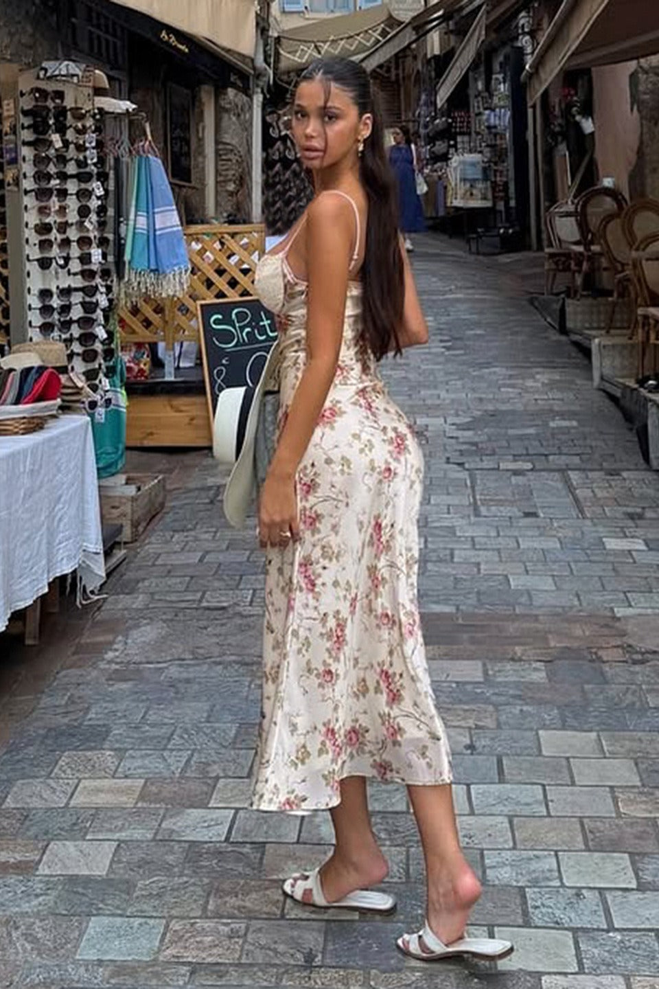Lace Satin Panel V Neck Floral A Line Maxi Slip Dress