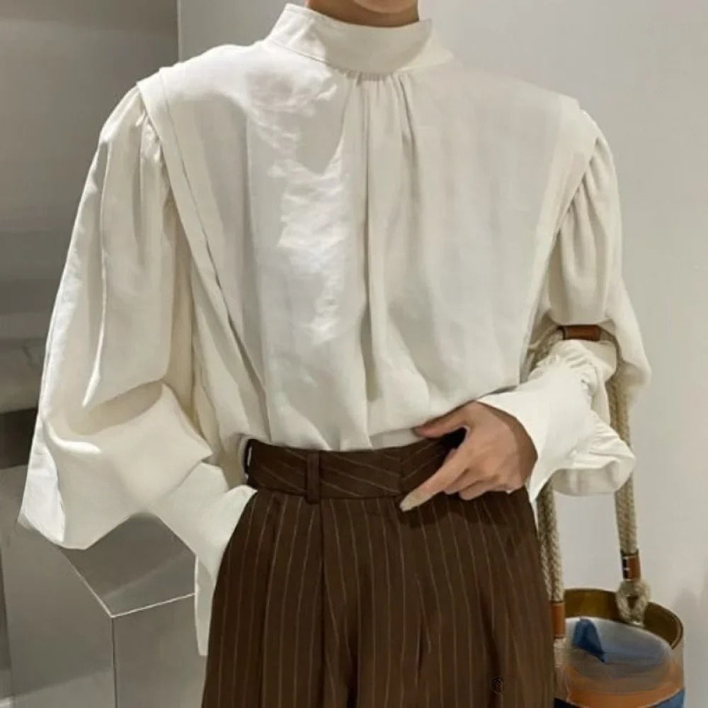 Black Lantern Sleeve ButtonUp Blouse