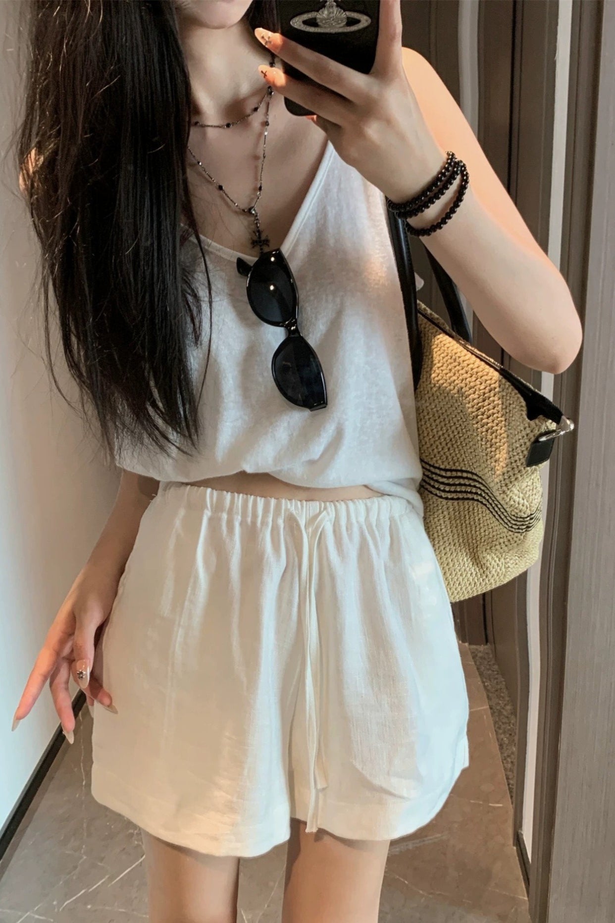 Washed White Linen Draped Loose Shorts Pants