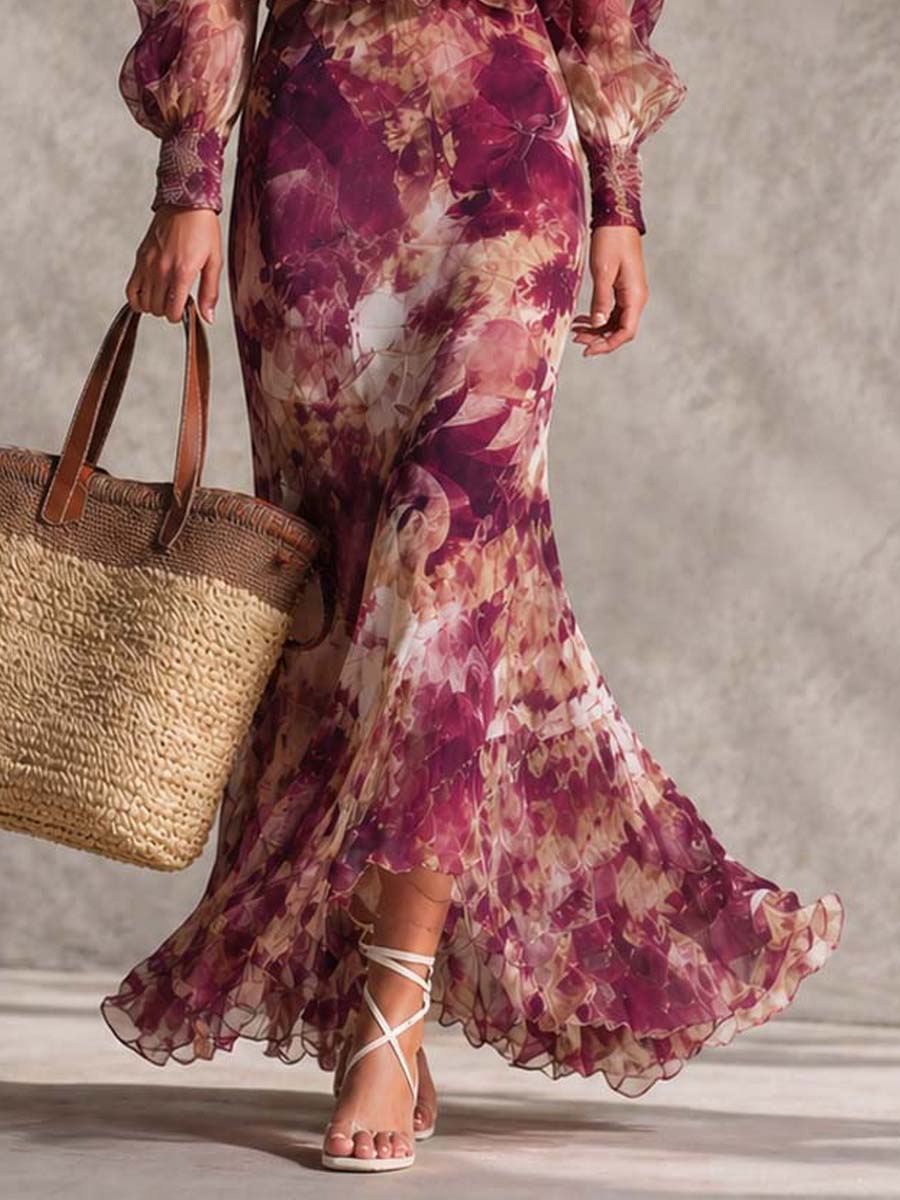 Rose Pink Off-Shoulder Ruffle Floral Puff Sleeve Smocked Mermaid Maxi Dress 3