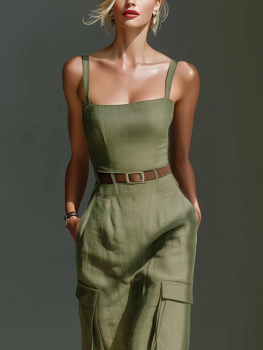 Olive Green Square Neck Belted Cargo Pocket Utility Sheath Midi Dress 4